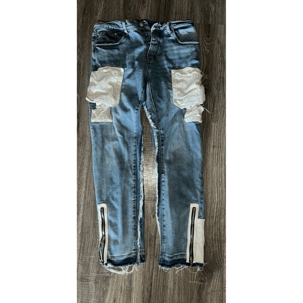 mnml blue jeans size 33 womens zipper, button down, beige canvas pockets